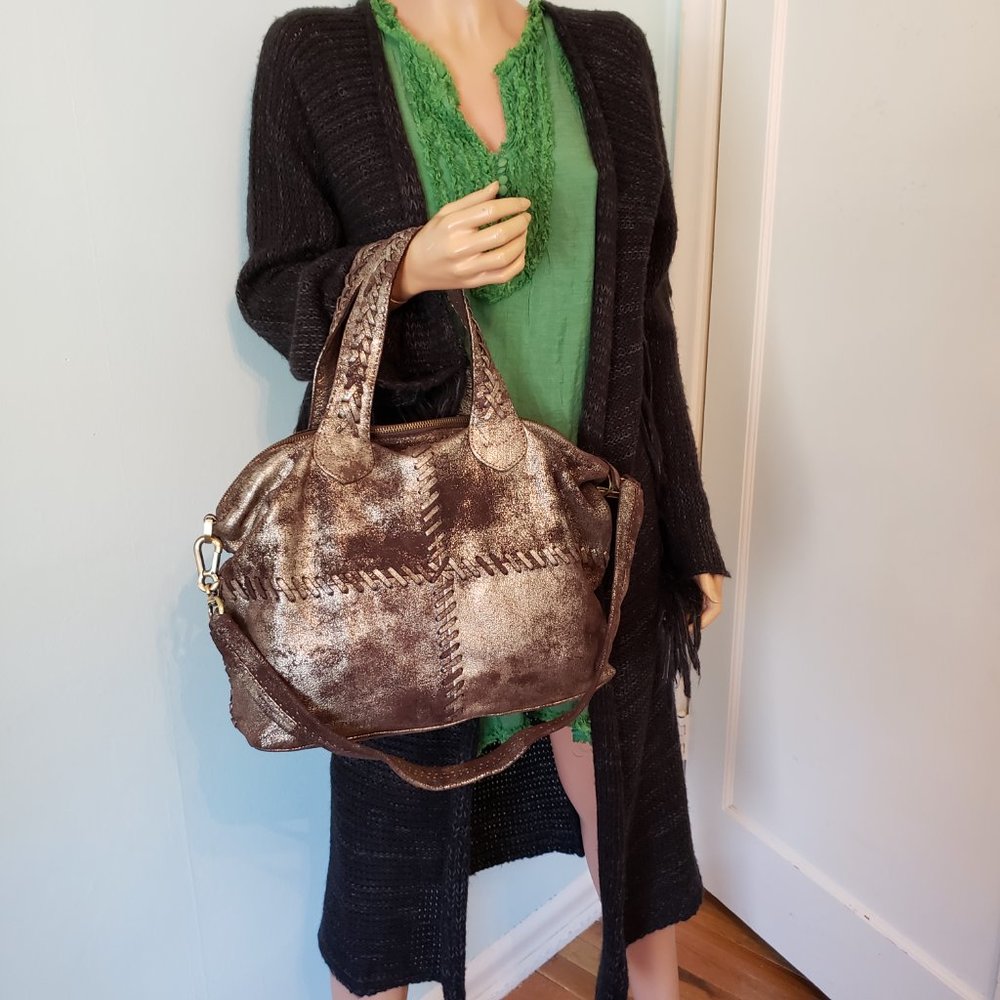 NWT SILVERADO SATCHEL, Vintage Metallic Leather with bold whipstitch detailing. - Picture 7 of 17